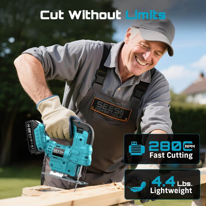 SEESII Cordless Jig Saw, ±45° Bevel 4‑Orbital Jigsaw with 2×2.0Ah Battery, 9 Blades & Storage Bag-JS01 - SeeSii