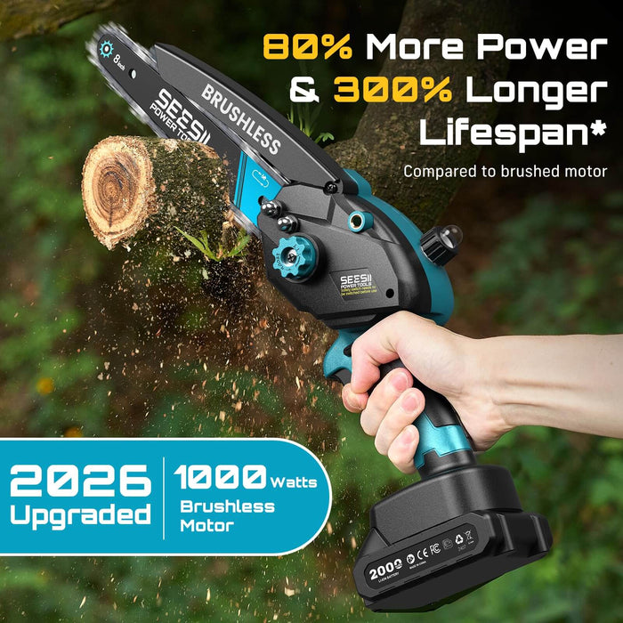 2026 Upgraded SEESII 1000W Brushless Cordless Mini Chainsaw, 80% Higher Power & 300% Longer Service Life Than Brushed Motor, Outdoor Tree Trunk Cutting Demonstration