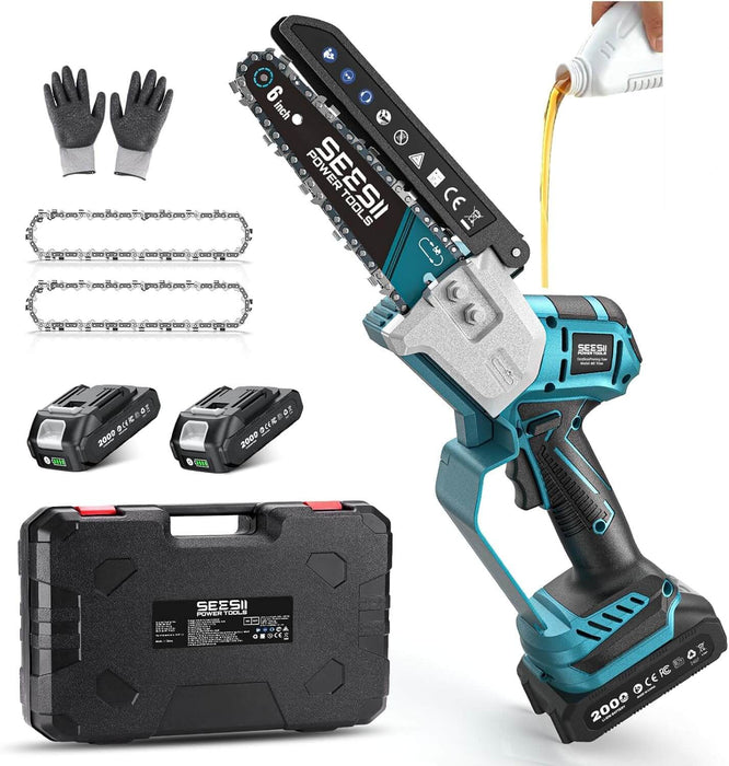 Seesii 6 Inch Brushless Cordless Mini Chainsaw Full Kit with 2 Batteries, 2 Chains, Safety Gloves, Goggles & Storage Case for Tree Branch Cutting