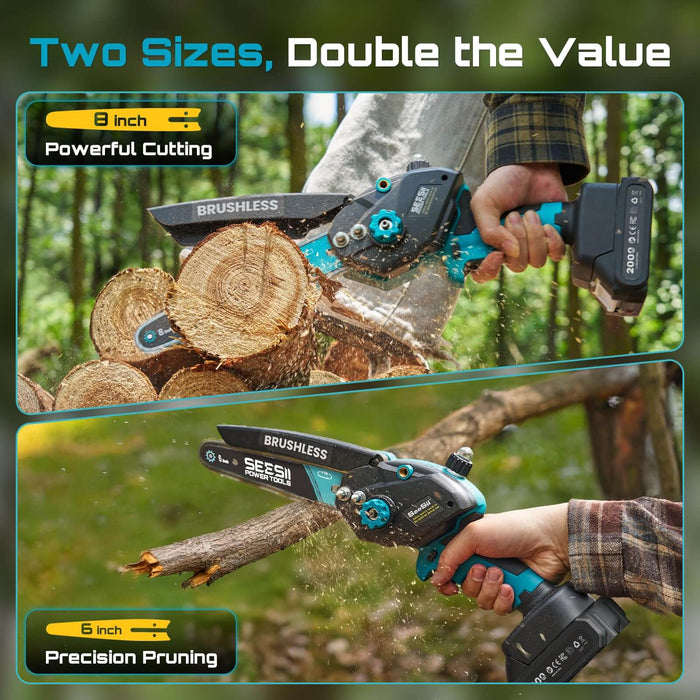 SEESII Blue Brushless Cordless Mini Chainsaw 6&8 Inch Two Size Use Demo,8inch for Thick Log Cutting &6inch for Precision Branch Pruning Outdoor Garden Wood Cutting