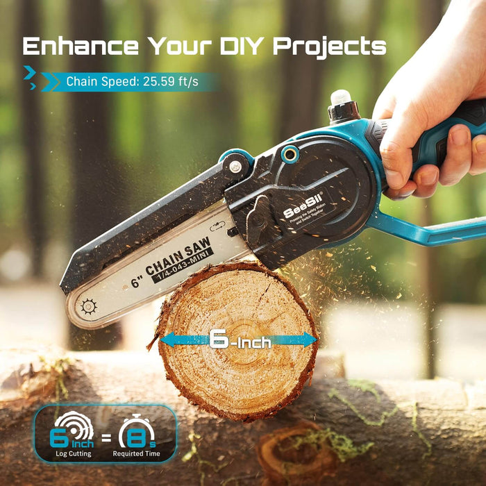 6 inch SeeSii cordless mini chainsaw, fast cutting 6-inch log in 8 seconds for outdoor garden wood cutting