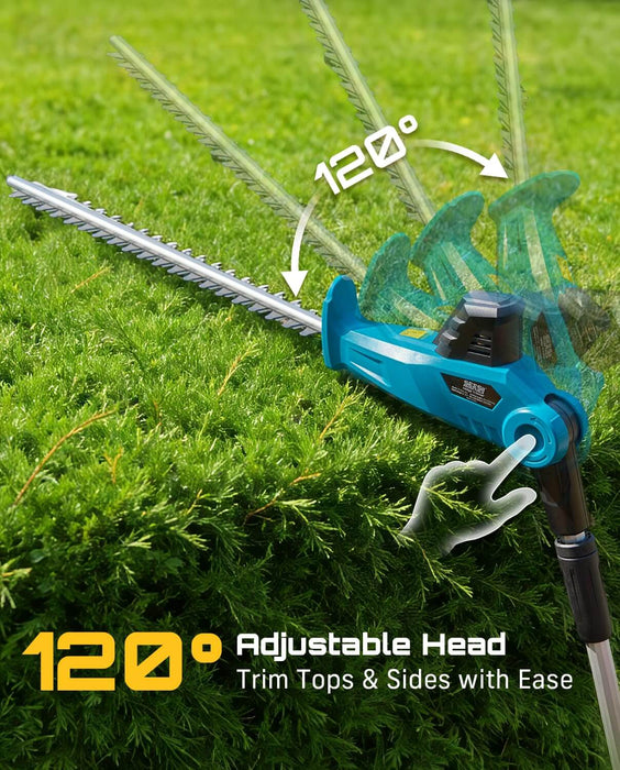SEESII cordless pole hedge trimmer with 120° adjustable rotating cutting head, easy to trim hedge tops and side branches