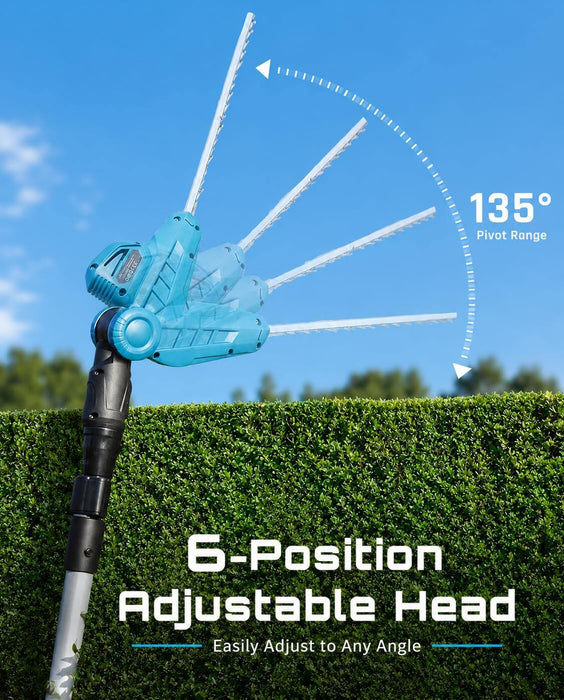 Seesii blue cordless pole hedge trimmer close-up, 135° 6-position adjustable cutting head for multi-angle garden hedge trimming