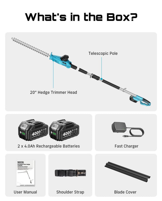 SEESII Cordless Pole Hedge Trimmer 20" Dual-Action Blade, 8FT Telescopic Pole, 2×4000mAh Battery, Adjustable Rotating Head - Pole Hedge Trimmer-SeeSii
