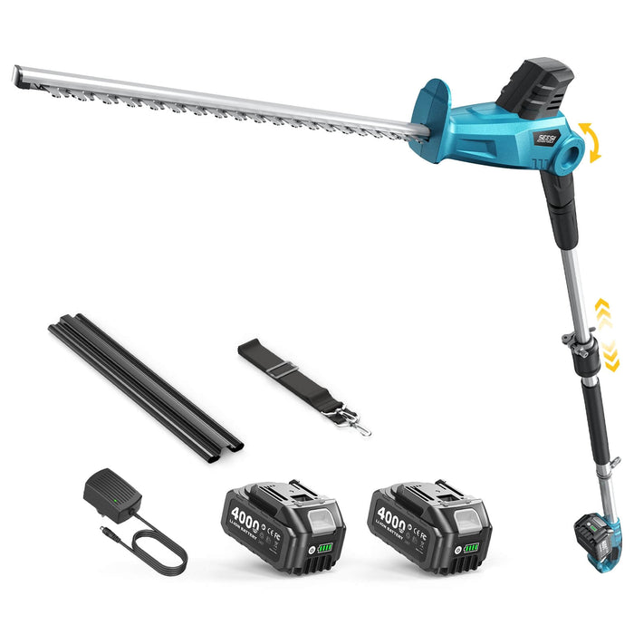 SEESII blue cordless pole hedge trimmer with 20 inch dual blade, 8ft telescopic pole & 2×4000mAh batteries for shrub trimming