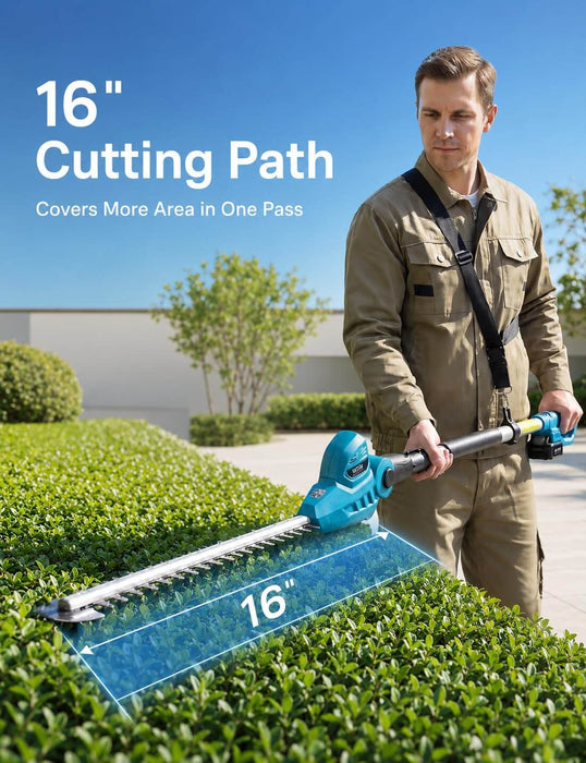 Seesii blue 20V cordless pole hedge trimmer lifestyle image, 16-inch wide cutting blade trims larger hedge areas quickly for backyard garden care