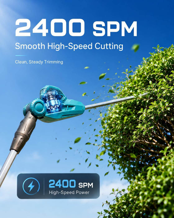 Seesii blue cordless pole hedge trimmer motor close-up, 2400 SPM high speed motor delivers smooth clean trimming for garden hedges