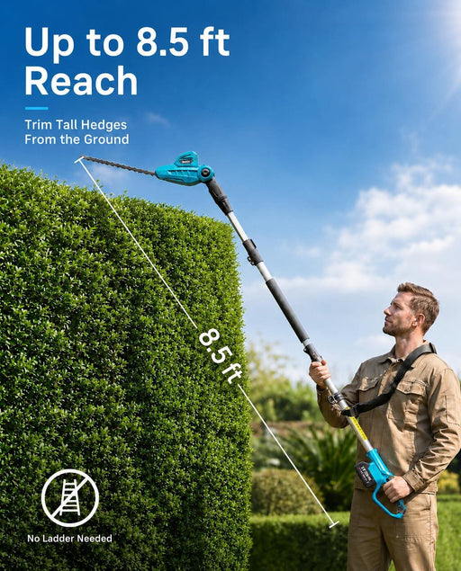 Seesii blue 20V cordless pole hedge trimmer lifestyle shot, 8.5ft extended reach to trim tall hedges without ladder for backyard yard maintenance