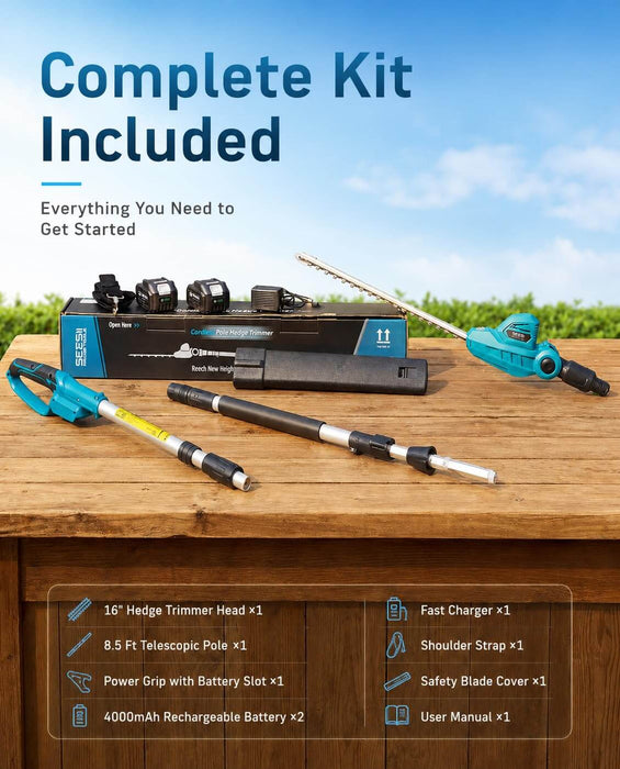 Seesii blue 21V cordless pole hedge trimmer complete accessory kit laid out on wooden table, includes batteries, charger, pole, strap and all trimming accessories