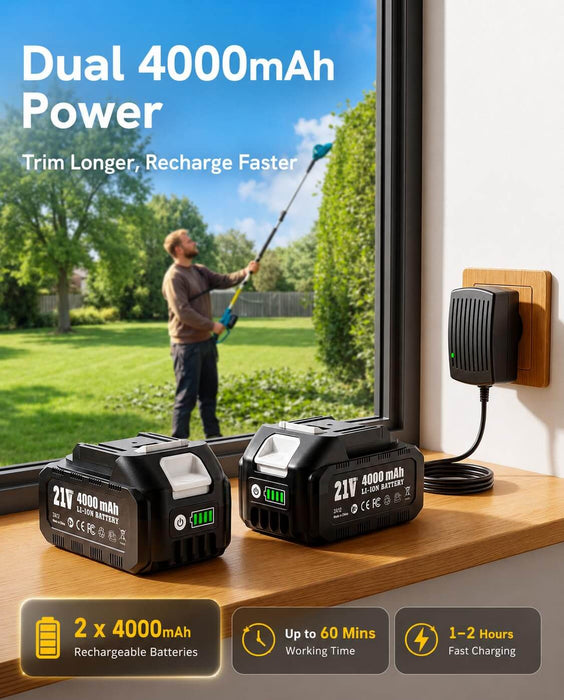 Seesii cordless pole hedge trimmer accessory shot with dual 21V 4000mAh lithium batteries and fast charger, long runtime for garden hedge trimming