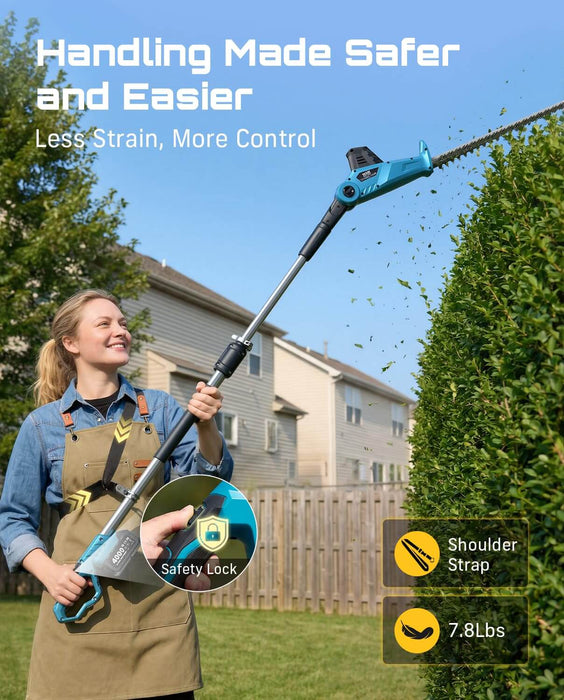 SEESII cordless pole hedge trimmer with safety lock, shoulder strap & light 7.8lbs weight for less fatigue and safer garden trimming