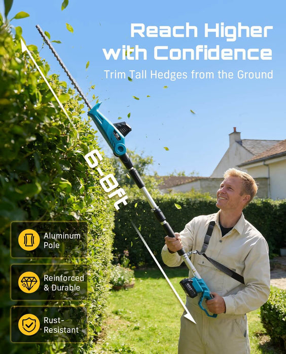 SEESII cordless pole hedge trimmer with 8ft rust-resistant aluminum telescopic pole for trimming tall garden hedges on ground