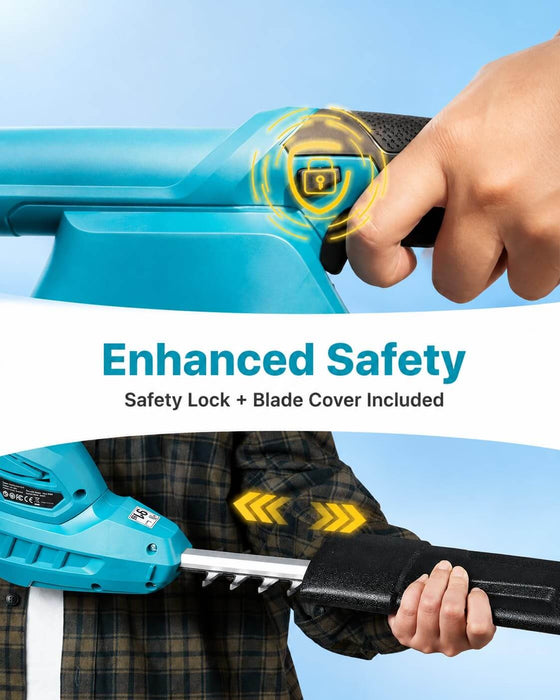 Seesii blue cordless pole hedge trimmer safety close-up, built-in safety lock and matching blade cover to prevent accidental startup and blade scratches