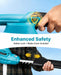 Seesii blue cordless pole hedge trimmer safety close-up, built-in safety lock and matching blade cover to prevent accidental startup and blade scratches