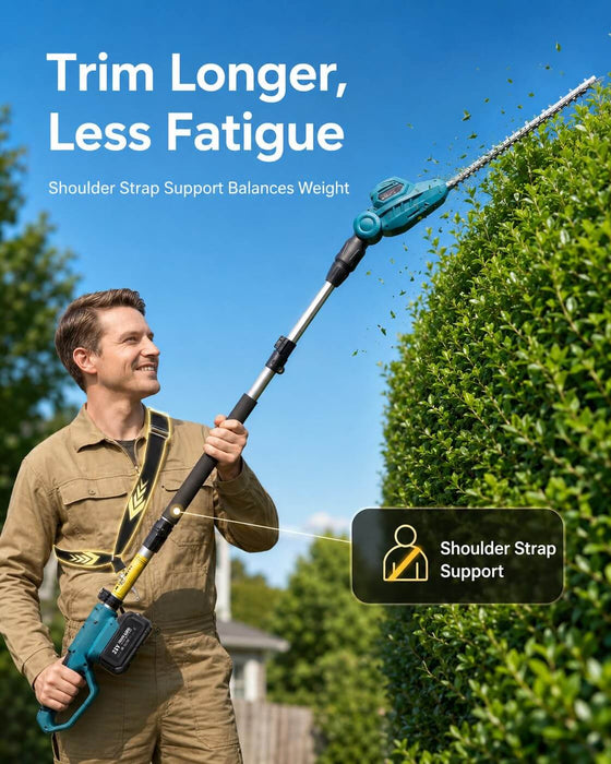 Seesii blue cordless pole hedge trimmer lifestyle photo with shoulder strap to balance weight, reduce arm fatigue for long-time garden trimming