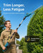 Seesii blue cordless pole hedge trimmer lifestyle photo with shoulder strap to balance weight, reduce arm fatigue for long-time garden trimming