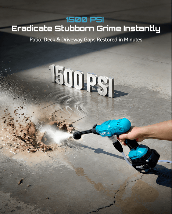 SEESII Cordless Pressure Washer, Portable Power Washer with 2x4000mAh Batteries, Electric Washer Gun with 6 - in - 1 Nozzle & 27FT Hose, Handheld Power Cleaner for Car, Driveway, Garden, Patio and Fence - SeeSii