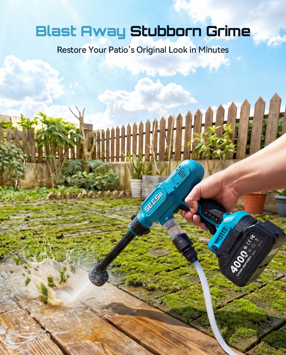 SEESII Cordless Pressure Washer, Portable Power Washer with 2x4000mAh Batteries, Electric Washer Gun with 6 - in - 1 Nozzle & 27FT Hose, Handheld Power Cleaner for Car, Driveway, Garden, Patio and Fence - SeeSii