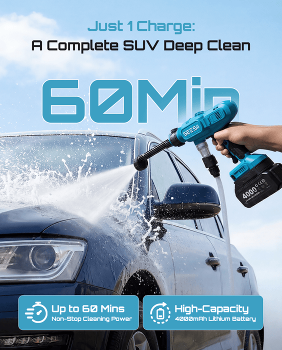 SEESII Cordless Pressure Washer, Portable Power Washer with 2x4000mAh Batteries, Electric Washer Gun with 6 - in - 1 Nozzle & 27FT Hose, Handheld Power Cleaner for Car, Driveway, Garden, Patio and Fence - SeeSii
