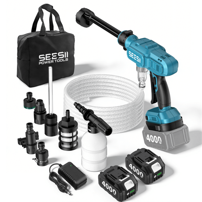 SEESII Cordless Pressure Washer, Portable Power Washer with 2x4000mAh Batteries, Electric Washer Gun with 6 - in - 1 Nozzle & 27FT Hose, Handheld Power Cleaner for Car, Driveway, Garden, Patio and Fence - SeeSii