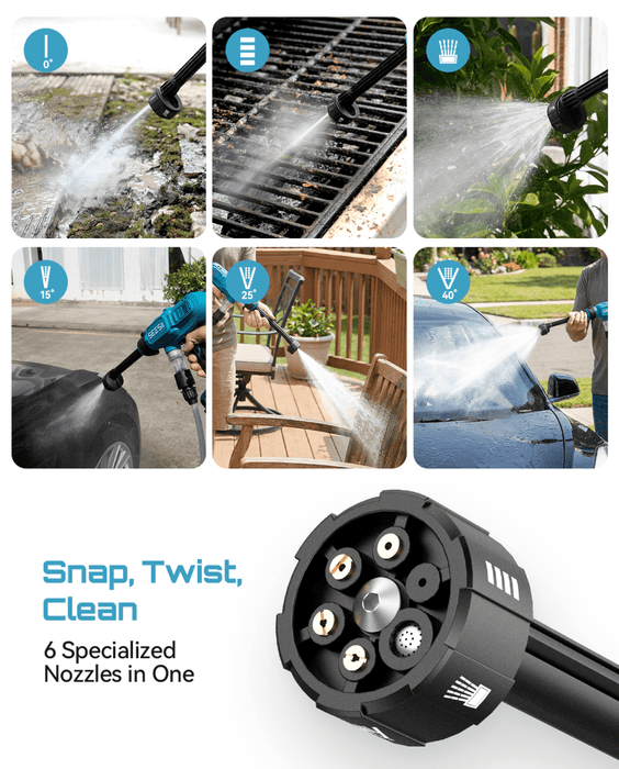 SEESII Cordless Pressure Washer, Portable Power Washer with 2x4000mAh Batteries, Electric Washer Gun with 6 - in - 1 Nozzle & 27FT Hose, Handheld Power Cleaner for Car, Driveway, Garden, Patio and Fence - SeeSii