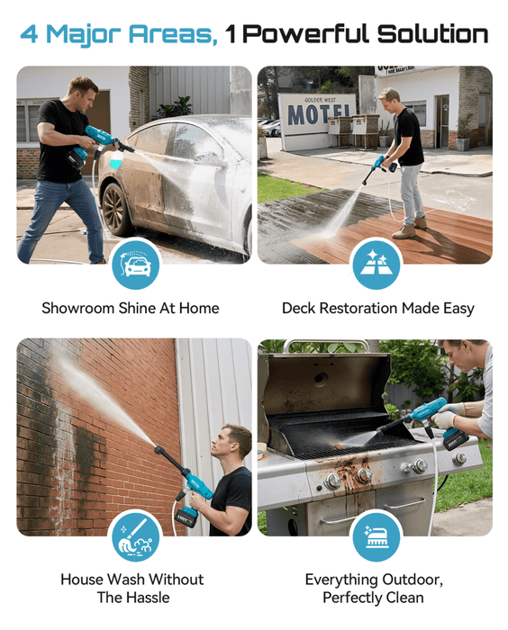 SEESII Cordless Pressure Washer, Portable Power Washer with 2x4000mAh Batteries, Electric Washer Gun with 6 - in - 1 Nozzle & 27FT Hose, Handheld Power Cleaner for Car, Driveway, Garden, Patio and Fence - SeeSii