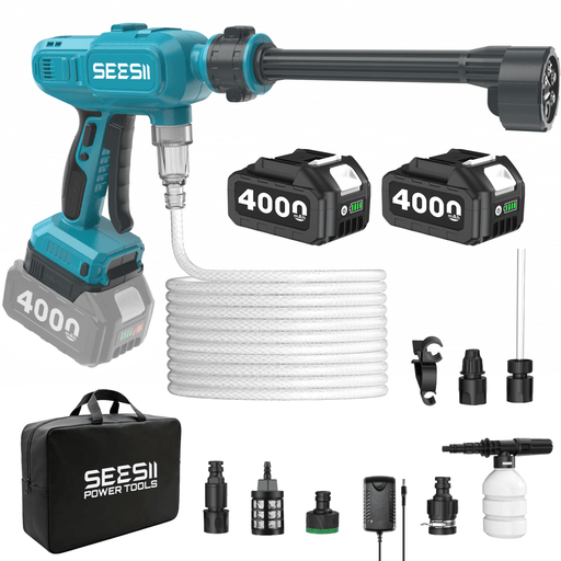 SEESII Cordless Pressure Washer, Portable Power Washer with 2x4000mAh Batteries, Electric Washer Gun with 6 - in - 1 Nozzle & 27FT Hose, Handheld Power Cleaner for Car, Driveway, Garden, Patio and Fence - SeeSii