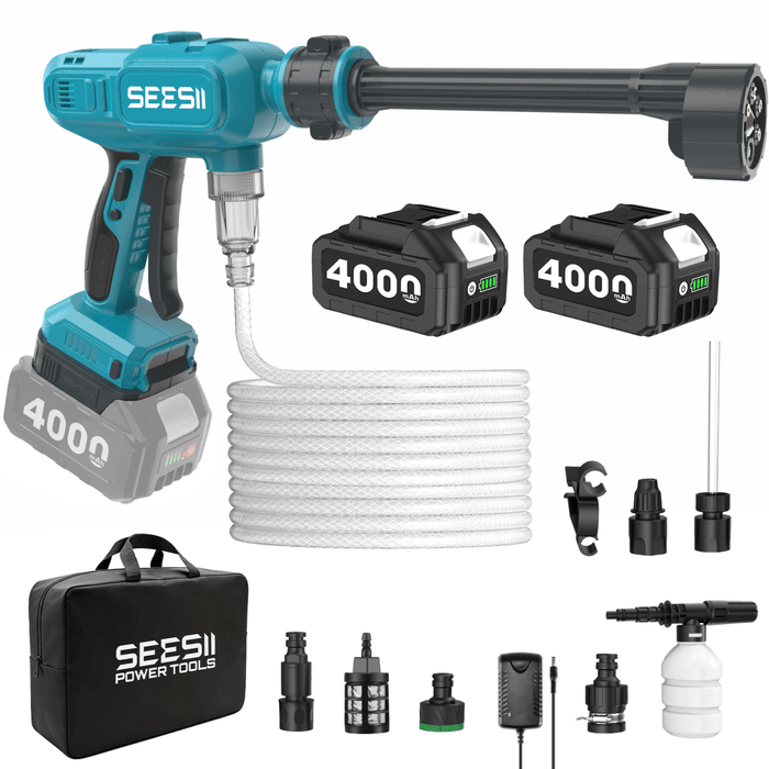 SEESII Cordless Pressure Washer, Portable Power Washer with 2x4000mAh Batteries, Electric Washer Gun with 6 - in - 1 Nozzle & 27FT Hose, Handheld Power Cleaner for Car, Driveway, Garden, Patio and Fence - SeeSii