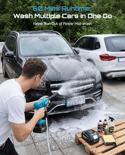 SEESII Cordless Pressure Washer, Portable Power Washer with 2x4000mAh Batteries, Electric Washer Gun with 6 - in - 1 Nozzle & 27FT Hose, Handheld Power Cleaner for Car, Driveway, Garden, Patio and Fence - SeeSii