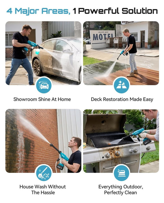 SEESII Cordless Pressure Washer, Portable Power Washer with 4000mAh Battery, Electric Washer Gun with 6 - in - 1 Nozzle & 27FT Hose, Handheld Power Cleaner for Car, Driveway, Garden, Patio and Fence - Cordless Pressure Washer - SeeSii