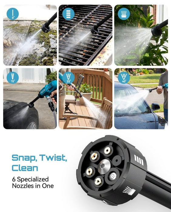 SEESII Cordless Pressure Washer, Portable Power Washer with 4000mAh Battery, Electric Washer Gun with 6 - in - 1 Nozzle & 27FT Hose, Handheld Power Cleaner for Car, Driveway, Garden, Patio and Fence - Cordless Pressure Washer - SeeSii