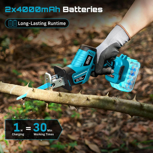 Seesii cordless reciprocating saw with 2x4000mAh long runtime batteries cutting tree branches in outdoor yard
