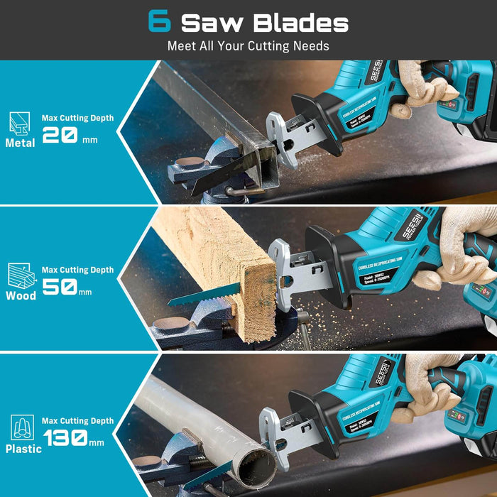 Seesii reciprocating saw with 6 multi-purpose blades, max cutting depth for metal wood plastic pipe
