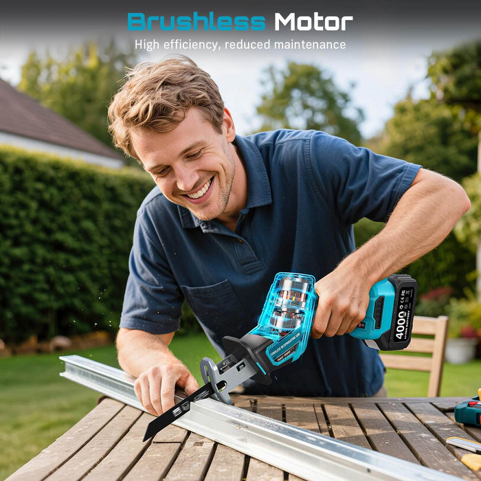 High efficiency brushless motor Seesii cordless reciprocating saw cutting metal pipes for home renovation
