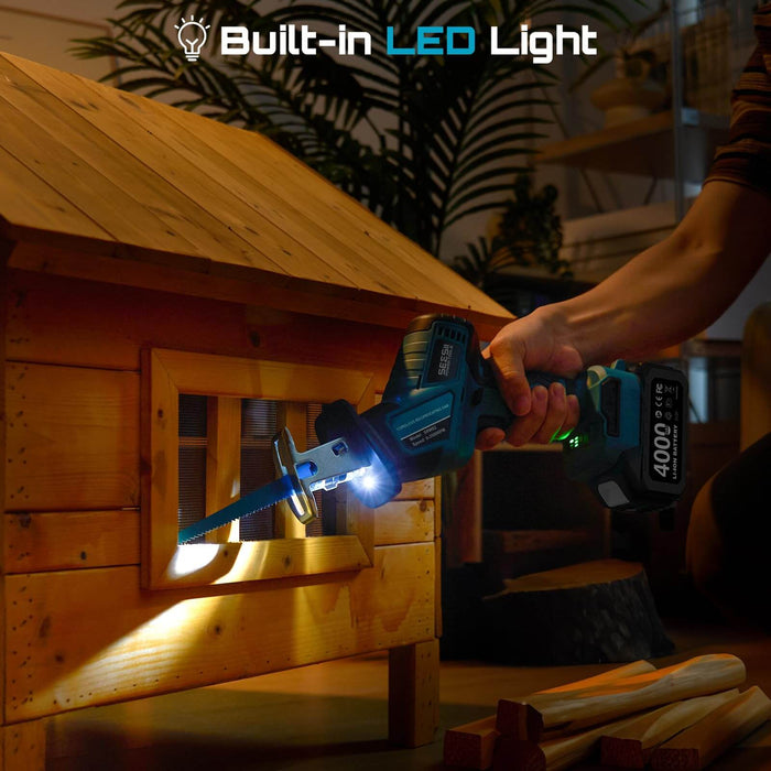 Seesii cordless reciprocating saw built-in LED work light illuminates dark narrow cutting spaces indoors
