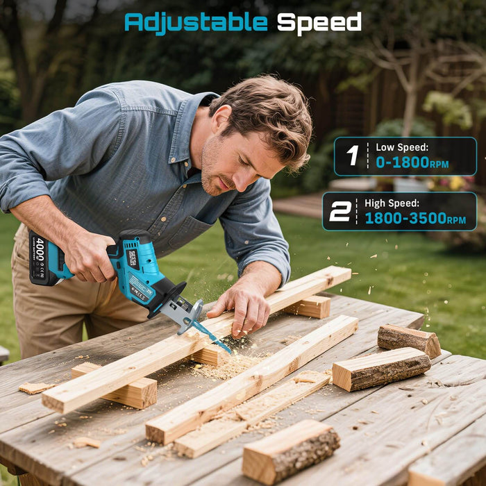 Seesii brushless cordless reciprocating saw adjustable 0-3500 RPM speed cutting wood planks for DIY projects
