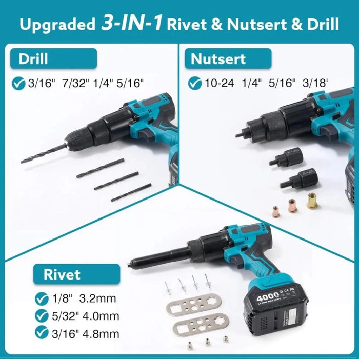 Seesii Cordless Rivet Gun Tool, 21V Electric Automatic Rivet & Rivet Nut Tool - SeeSii
