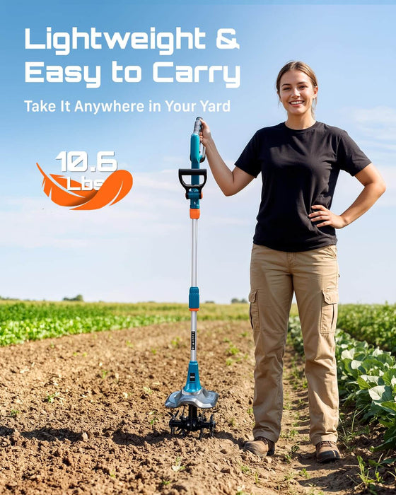 Seesii 20V cordless electric tiller cultivator only 10.6 lbs lightweight design, portable garden rototiller easy to carry around yard