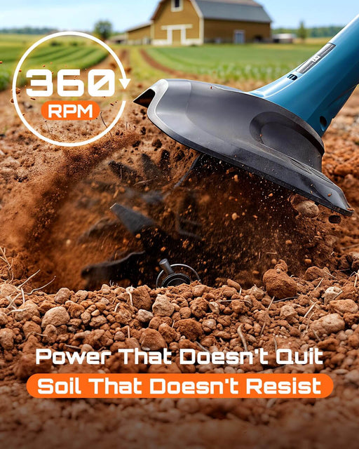 Seesii 20V cordless tiller cultivator working in soil with 360 high RPM, powerful electric garden rototiller for breaking hard soil