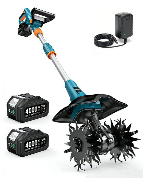Seesii Cordless Tiller Cultivator, 20V Electric Tiller for Gardening with 2 x4.0Ah Batteries, 9" Tilling Width 6.6" Depth, Lightweight Adjustable Handle Rototiller for Lawn, Weeding & Soil Cultivation