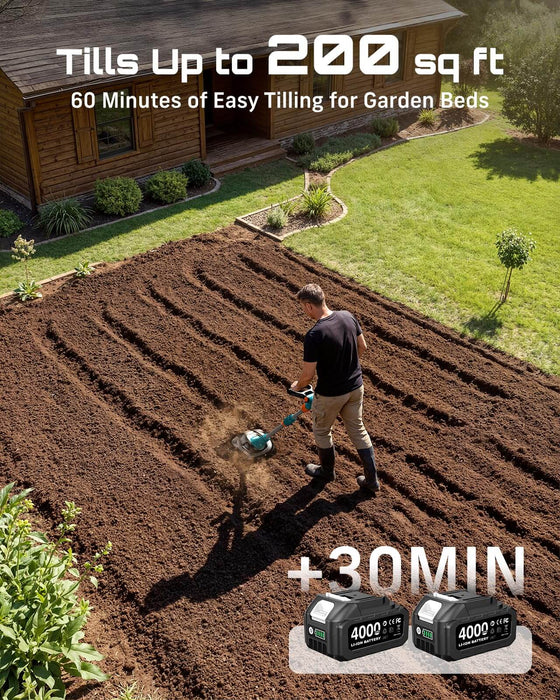 Seesii 20V cordless tiller cultivator with two 4.0Ah batteries, 60 mins runtime tills up to 200 sq ft backyard garden soil