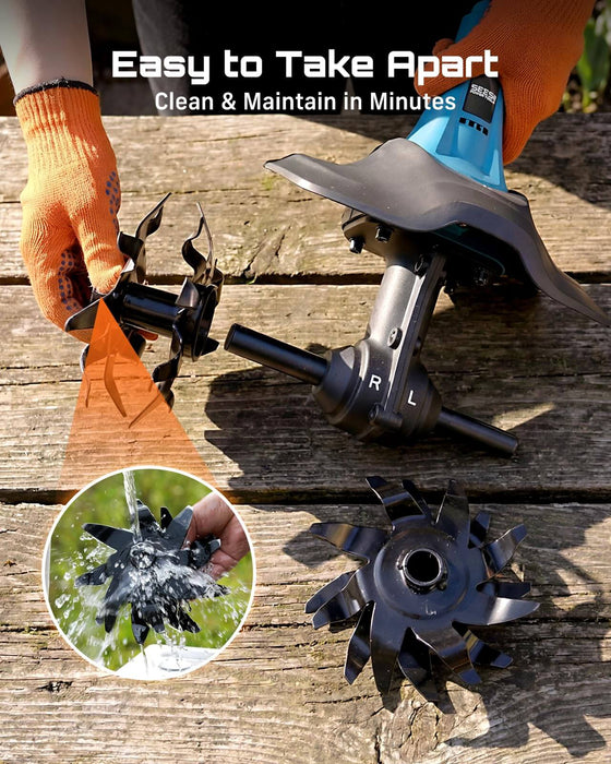 Seesii 20V cordless tiller cultivator with detachable metal tines, easy to disassemble, rinse and clean for quick garden tool maintenance