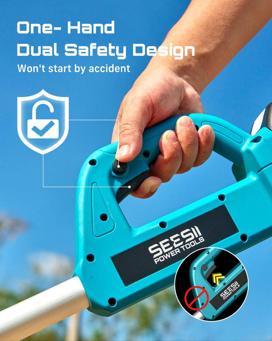 One-hand dual safety trigger lock design of Seesii cordless tiller to avoid accidental startup for safe gardening