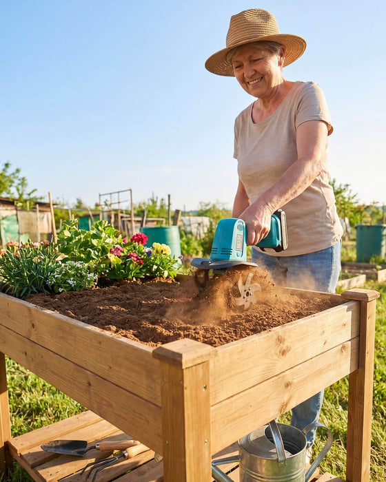 Elderly lady using handheld Seesii mini cordless tiller to loosen soil in wooden raised flower planter box