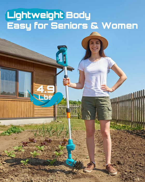 Lightweight 4.9 lbs Seesii cordless garden tiller cultivator easy to operate for seniors and women gardeners