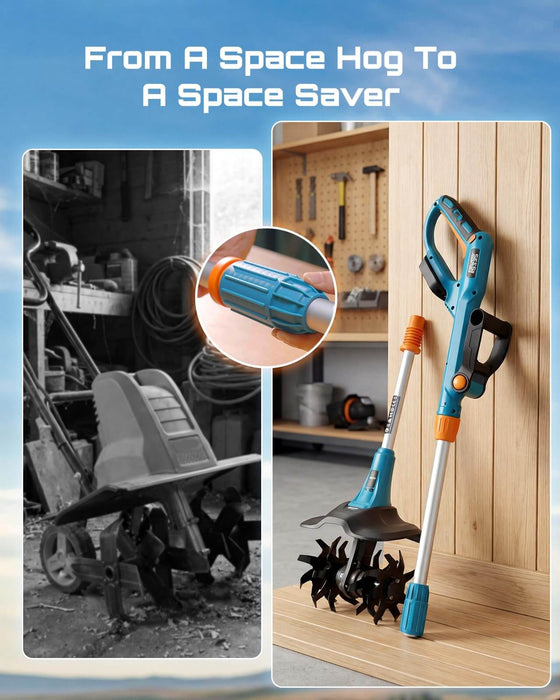 Seesii 20V cordless tiller cultivator with retractable telescopic shaft, compact space-saving design vs bulky traditional garden rototiller