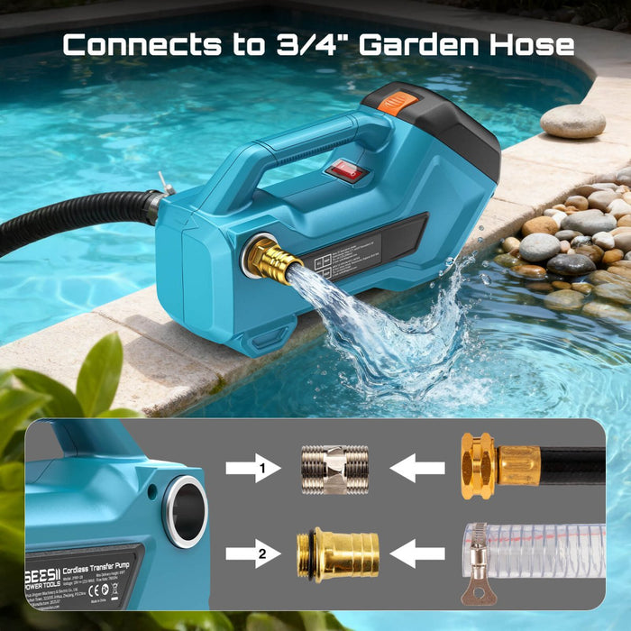 SEESII Cordless Transfer Pump, 760 GPH Self - Priming, Dual 4.0Ah Batteries — Portable Utility Pump for Water & Diesel, 65 - ft Head, 3/4" Garden - Hose Fitting - SeeSii