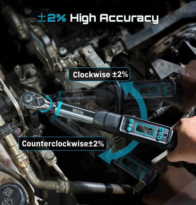 Seesii D2 Lite Pro 3/8" Digital Torque Wrench, 0–220 N·m (162 ft - lb), ±2% Accuracy, LCD, Peak/Real - Time, Presets & Memory - ratchet wrench - SeeSii