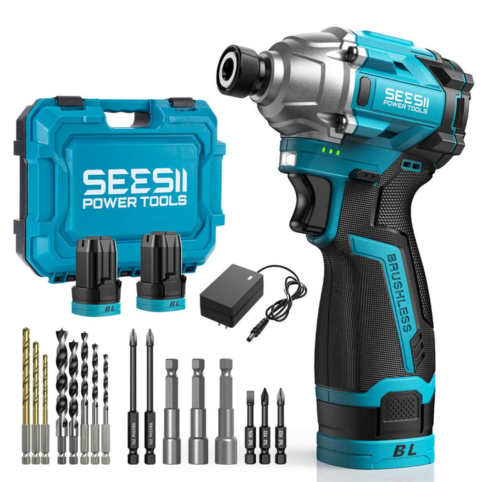 SEESII DR16 Lite 1/4" Cordless Impact Driver Kit, Brushless, 180 N·m (1590 in - lbs), Up to 2500 RPM & 4000 IPM, 2×2.0Ah Batteries, 20 - Pc Bit Set, Carry Bag - impact Driver - SeeSii