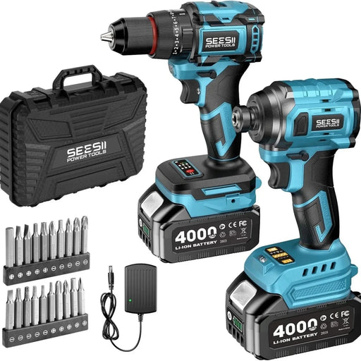 Seesii Electric 3/8'' Drill & 1/4'' Cordless Impact Driver Brushless 2 Tool Combo Kit - SeeSii